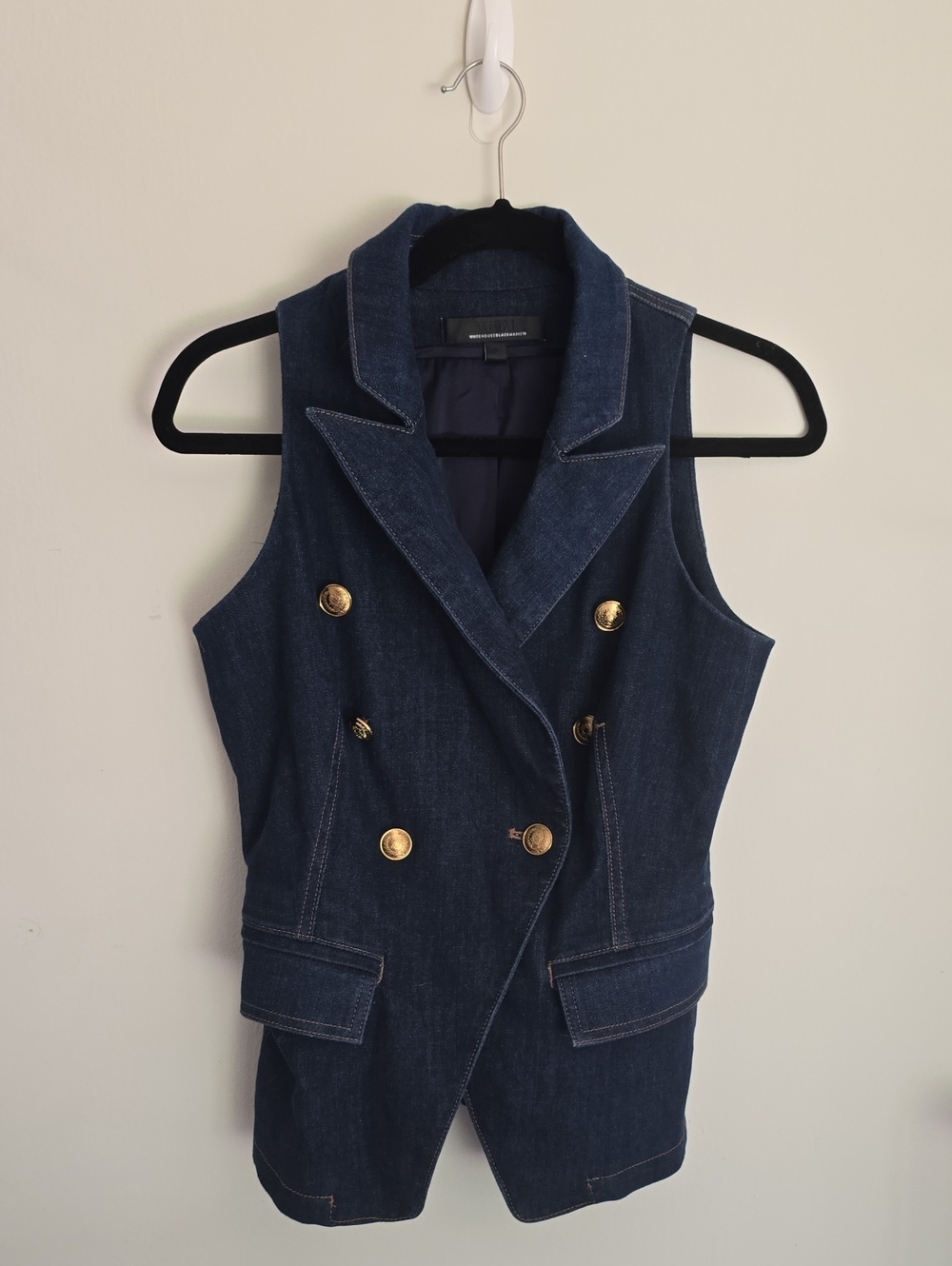 White House Black Market Navy Denim Vest with Gold Stitching